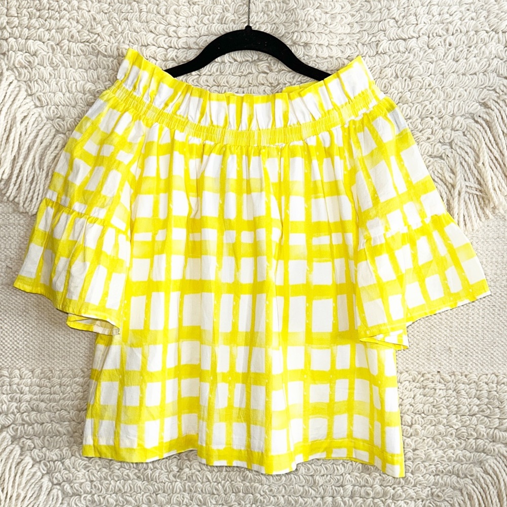 BROOKE WRIGHT yellow and white plaid off the shoulder bell sleeve top XS